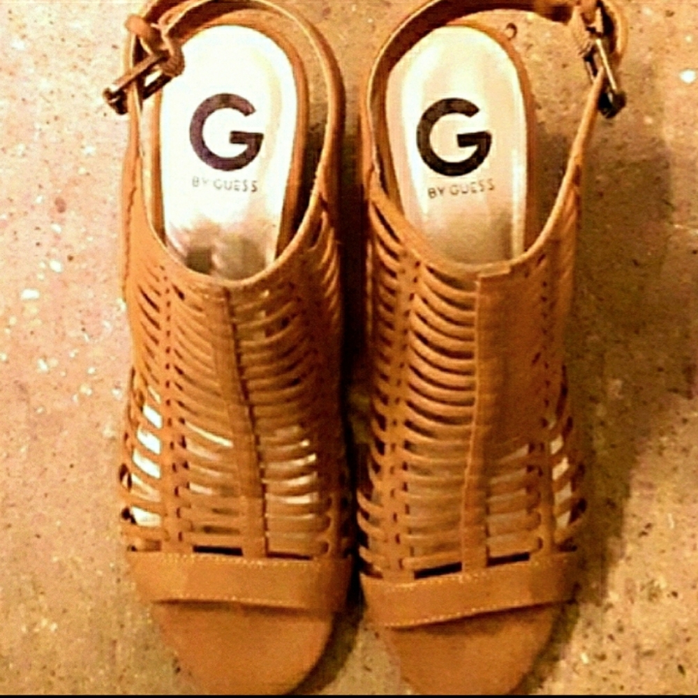 G by Guess Tan Caged Peep Toe Ankle Strap